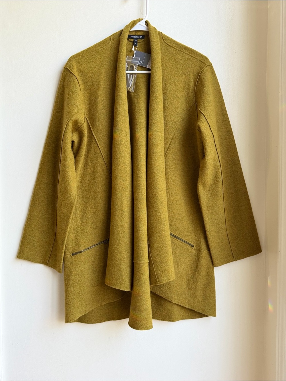 Eileen Fisher NWT Boiled Merino Wool Long Cardigan Jacket Pin Chartreuse  Size S